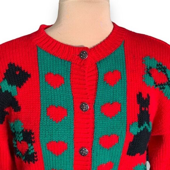 Vintage 90s Cropped Knit Cardigan Sweater Bright Cherry Red Scottie Dog Plaid - Picture 3 of 11